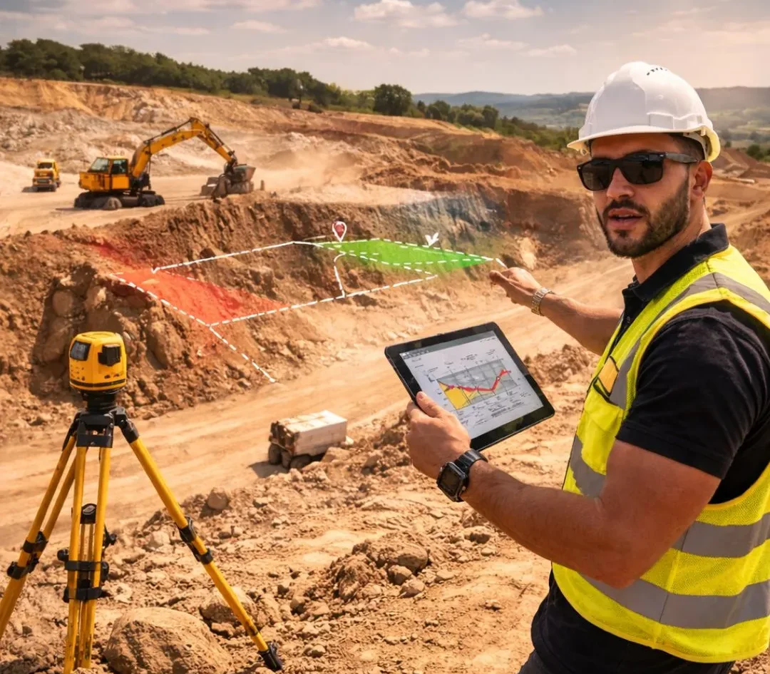 Mesure et calcul de volumes dans une carrière à partir de relevés topographiques.